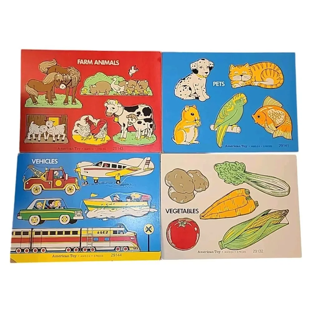 4 Vintage‎ American Toy Wooden Board Puzzles Vegetables Pets Vehicles & Farm